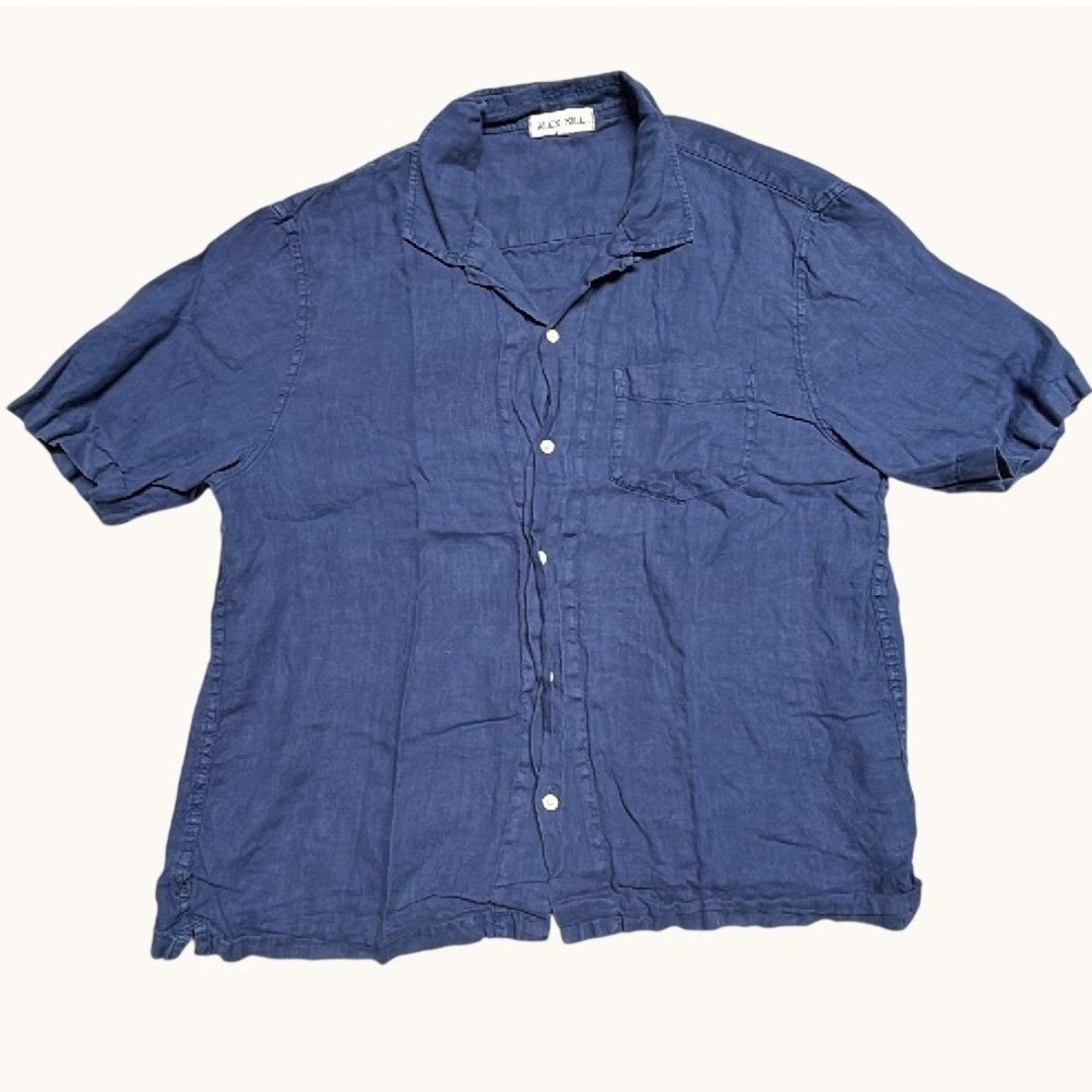 Alex Mill Mens XXL Navy Blue 100% Linen Short Sleeve Button Down Shirt